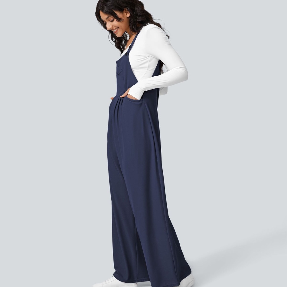 Halara NWOT Waffle Casual Dungarees w/ Pockets Color Dark Blue Size Small - Picture 5 of 11